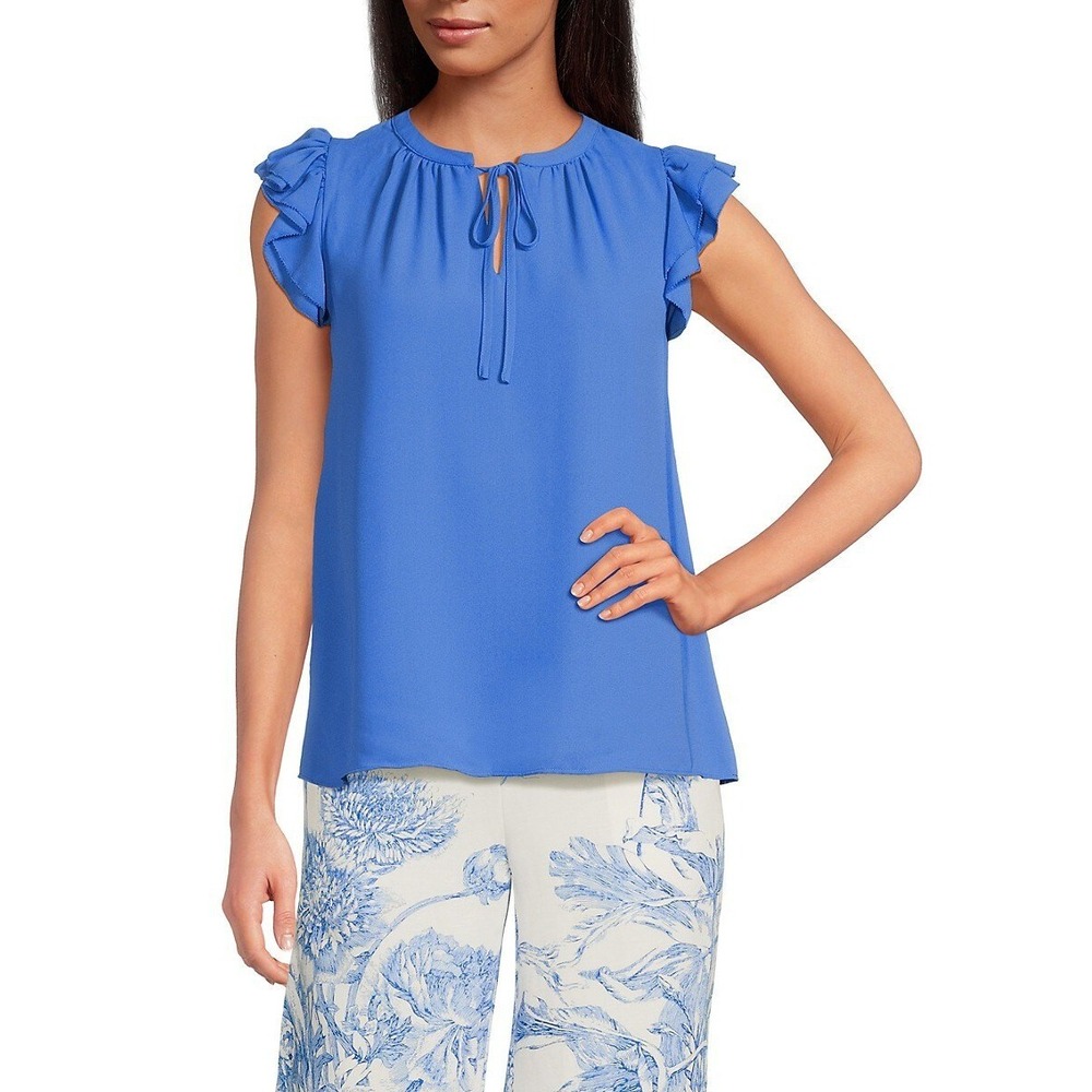 T Tahari Women's‎ Ruffle-Sleeve Tie-Neck Crepe Blouse Size XS
